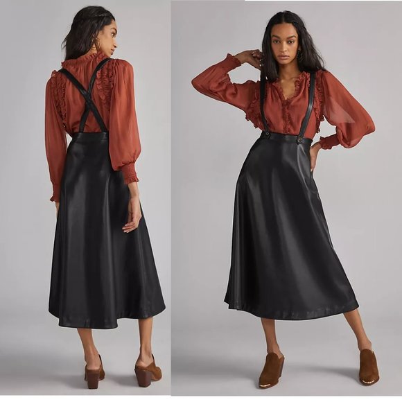 Anthropologie Dresses & Skirts - Anthropologie Faux Leather Pinafore Skirt 10p new with tag black nwt